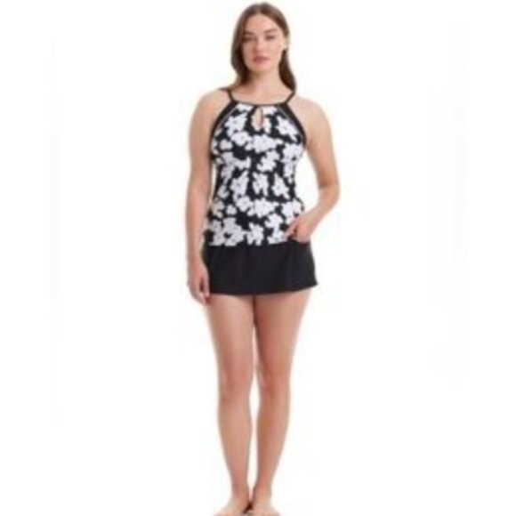 Women's Tankini Swimsuit XL Ellen Tracy Black Floral Swim Skirt Pocket - Picture 11 of 16